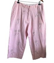 Saint Tropez West Women Crop Pants Linen Wide Leg Palm Tree Print Size 16 Pink