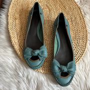 Laura Brandon Teal Leather Bow Flats