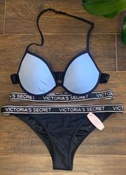 NWT Victoria's Secret Double Band Halter Bikini Blue Black Logo 34A 32B 36AA XS