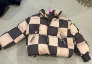 brown checkered puffer jacket