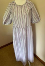 Vero Moda Midi Cotton/Poly Striped Short Sleeve Dress in Purple, Blue and White