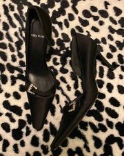 Vera Wang Black Satin D’Orsey Heels with Rhinestone Buckles