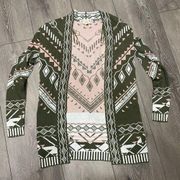 Pink Republic XS open olive green light pink cardigan with Aztec design