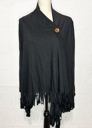 Chatoyant Big Button Wrap Cardigan Tunic Top Size 2XL Black Knit Fringe