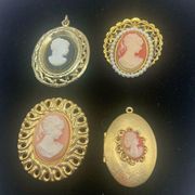 Lot of 4 vintage cameo brooches and pendants