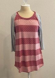 Pink Polka Dot and Stripe 3/4 inch grey sleeve top