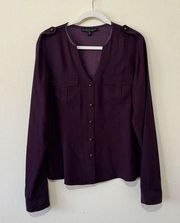 Lafayette 148 Womens Top Size 10 Silk Purple Button Up V-Neck Designer Preppy