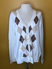 Izod Cream and Brown Argyle Cardigan Sweater New