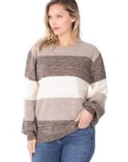 Colorblock Mocha Brown White Striped Oversized Knitted Pullover Sweater Large