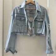 Distressed Ripped Denim Cropped Jacket Light Wash size Medium