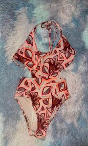 Aerie Neon Orange & Maroon One Piece Swimsuit