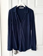 Michael Stars Blue Collared Raw Edge Relaxed Slub Cotton Modal Blend Buttondown