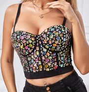 Ruby Embellished Gems Bejeweled Bustier Top Black/Multi Color Gems Sz S