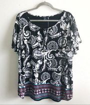 Kaari Blue Blouse Paisley Black & White Scoop Neck w/ Tie & Keyhole Sz 3X NWT