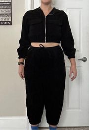 Black Corduroy Cropped Zip Up Jacket and Jogger Pant Set Large Streetwear Comfy