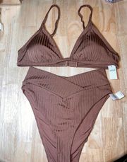 Large 2 Piece  Ribbed Shine Crossover High Cut Cheeky Bikini Top & Bottom