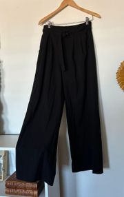 High Waisted Black Belted Paperbag Wide Leg Trousers