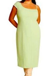 NEW 11 Honore Solange Midi Dress 16 Green One Shoulder Shift Woven Square Neck