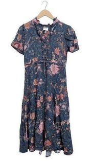 Knox Rose Women's Large Tiered Grey Floral Midi Short Sleeve Button Up Dress