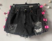 Furst of a Kind Reworked Black Hot Pink Cut Off Denim Shorts