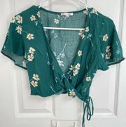 LOTTIE MOSS Faux Wrap Green Floral Flutter Sleeve Crop Top Women’s Size S