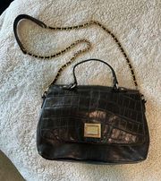 Badgley Mischka Croc Embossed Black Leather Shoulder Bag Gold Chain Link Strap