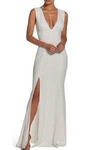 Dress The Population Sandra Trumpet Gown Dress Women's Med White Plunge Maxi NWT