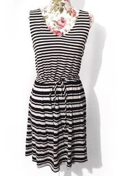 Black White Stripe Casual Dress Drawstring Belted