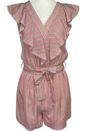 New  Pink Striped Ruffle Romper Flutter Trim V-Neck Belted Waist