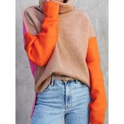 Turtle Neck Colorblock Sweater Dropped Shoulder Slit Sweater