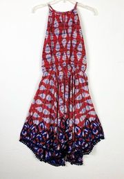 Maggy London Red White & Blue Patterned Handkerchief Hem A Line Dress