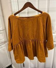 Anthropologie MAEVE Small Maria Babydoll Top Corduroy 3/4 Sleeve Button Back