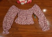 Liberty Love Maroon Floral Off the Shoulder Longsleeve Crop Top Size Medium