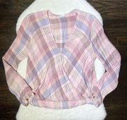 Soft Blush Plaid Surplice Long Sleeve Cropped Top