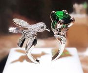 Fashion Green Zircon Rhinestone Hummingbird Rose Gold Ring