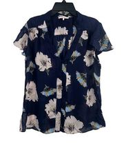 Parker Navy Blue Large Floral Print Blouse Size Small