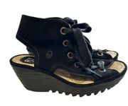 Fly London Yaba Leather Lace Up Wedge Women's 39/8-8.5 Black