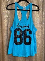 Vintage Y2K PINK Victorias Secret Malibu Blue Black Sequin 86 Logo Tanktop, L