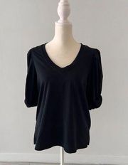 New 7 For All Mankind womens size L knit Top V Neck T Shirt black puffy sleeves