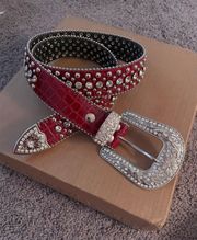 Red Real Leather Rhinestone Belt