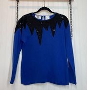 Anne Klein Vintage Blue & Black Sequin Cotton Crew Neck Pullover Sweater Size S