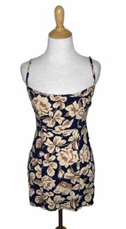 Free People Floral Strappy Open Back Navy Blue Cream Flower Floral Mini Dress XS