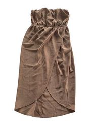 Lush Dress Women Small Brown Tan Strapless Faux Wrap Tulip Hem Midi Stretch Poly