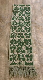 Reversible Green and White Logo Fringed Scarf.