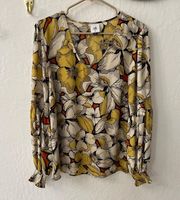 Cabi Sequel Blouse #3954 Warm Large Scale Floral Pullover Smocked Sleeve