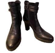Aquatalia Black Leather Suede Studded Buckle Zip Heeled Ankle Booties sz 8.5