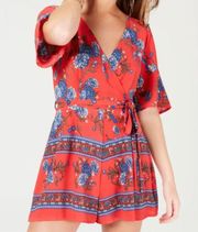 Charlotte Russe Red Low Back Tie-neck Floral Short Sleeve V Neck Wrap Romper