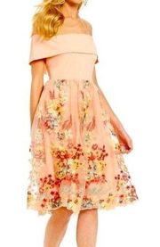 Gianni Bini Laura Peach Pink Floral Off the Shoulder Fit & Flare Midi Dress - S