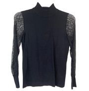 Carmen Marc Valvo Mock Neck Top Women Size S Black Long Lace Sheer Sleeves