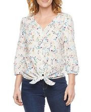 St John's Bay Women's 3/4 Sleeve Top Medium Button Tie Front White Ditsy Floral